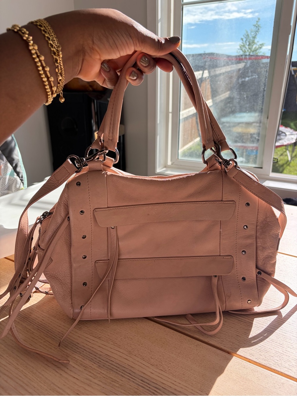 Joelle hawkens Blush Pink Pebbled Leather Shoulder Bag with Tassel Detail